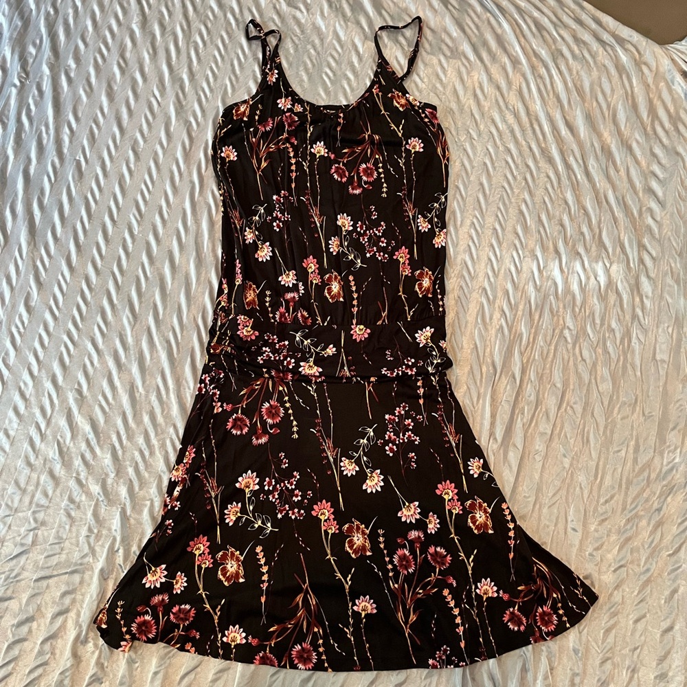 Black and Pink Floral Spaghetti Strap Midi Sundress